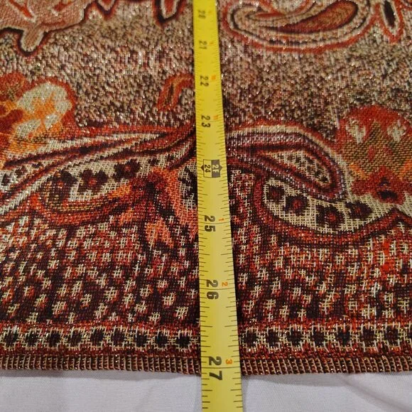 100% Pashmina Shawl 67.5 x 27 Red Orange Gold Shimmer Jacquard Paisley Fringe - Picture 12 of 12